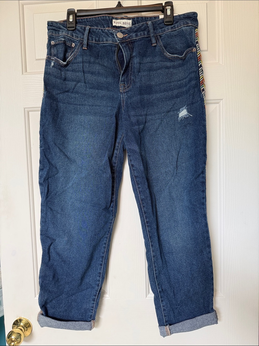 NWT Boho Knox Rose Distressed Boyfriend Jeans with Embroidered Side Stripe